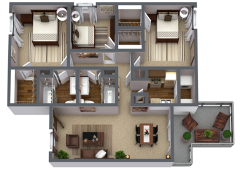 Floor plan for 3 beds, 2 baths, 1178 sqft